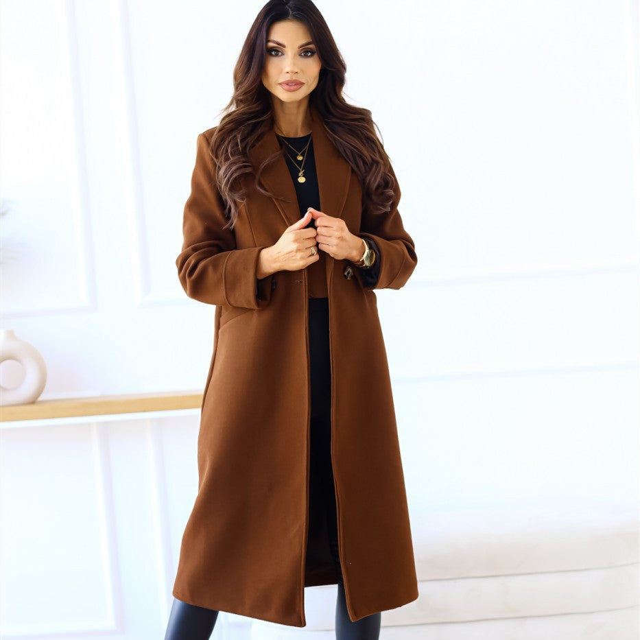 Women's Simple Double Breasted Long Sleeve Turn-down Collar Coat