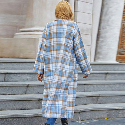 European And American Loose Blue And White Plaid Woolen Long Coat