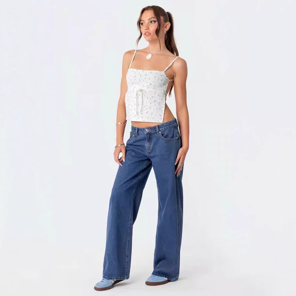 European And American Hot Girl Fashionable Simple Low Waist Wide Leg Jeans